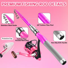 Pink carbon fiber fishing rod close-up showing lightweight design