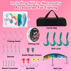 Travel bag, tackle box and accessories included in the kit