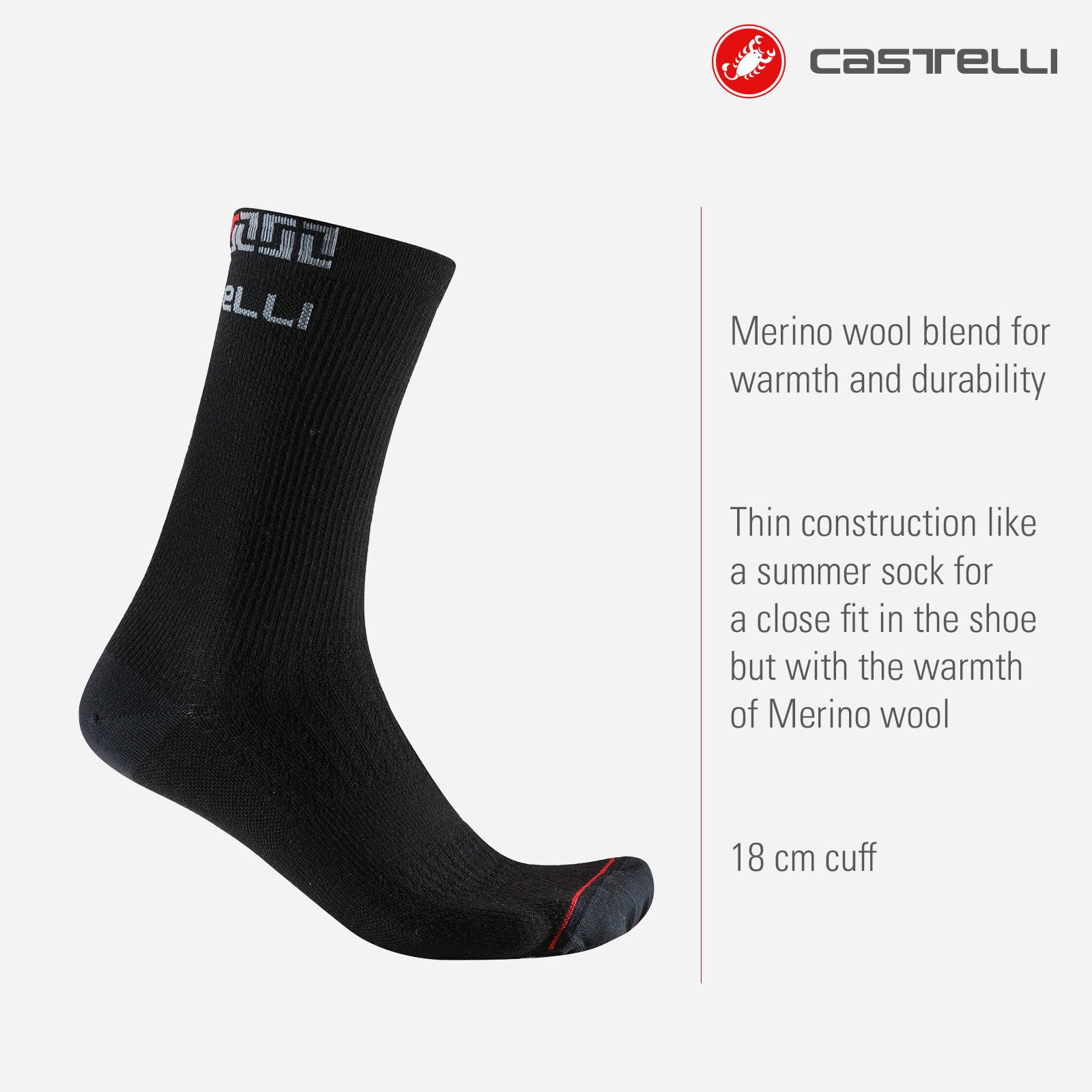 Castelli Bandito Merino 18 sock heel view, lightweight warmth for cycling
