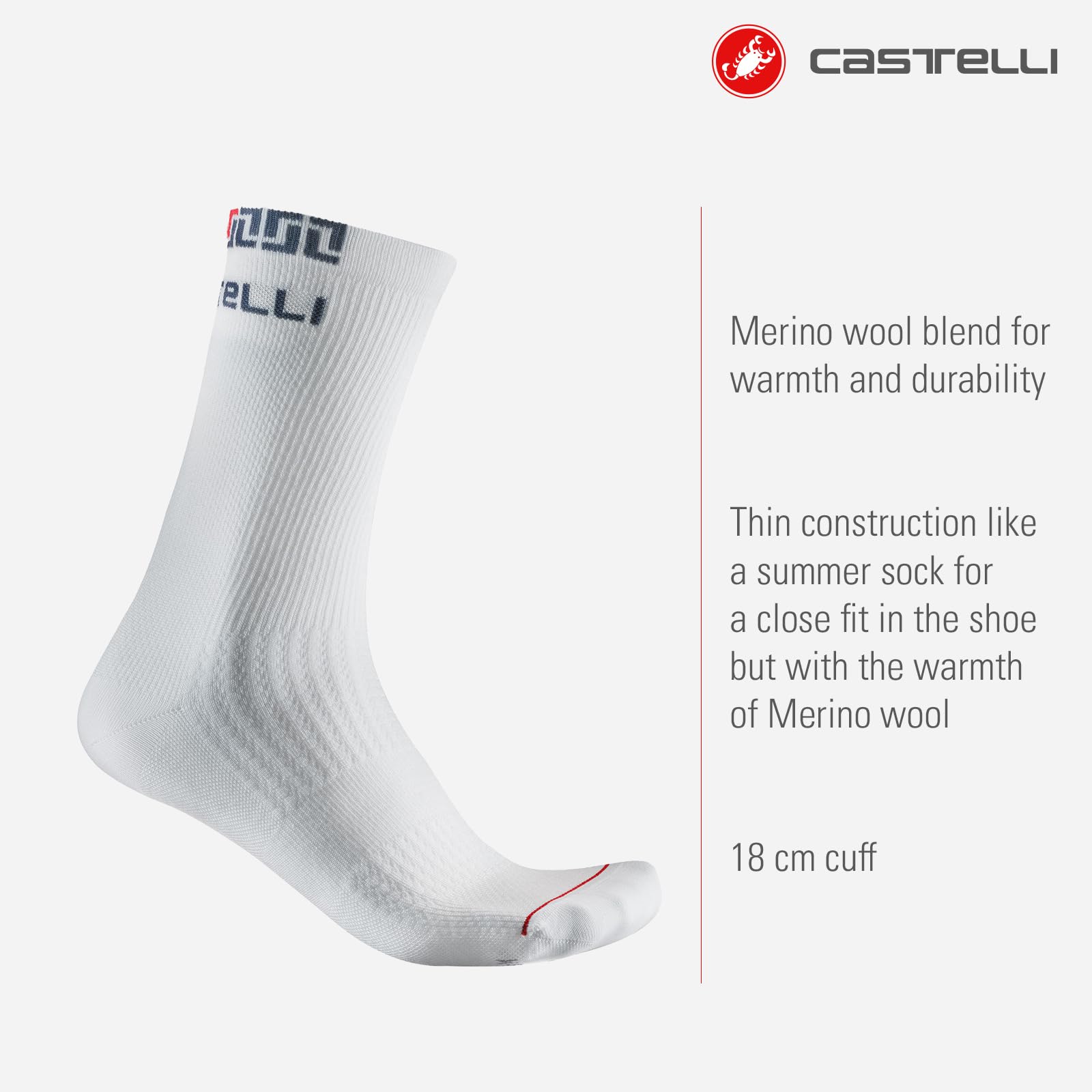 Castelli Bandito Merino 18 sock, lightweight design for warm, high-performance rides.