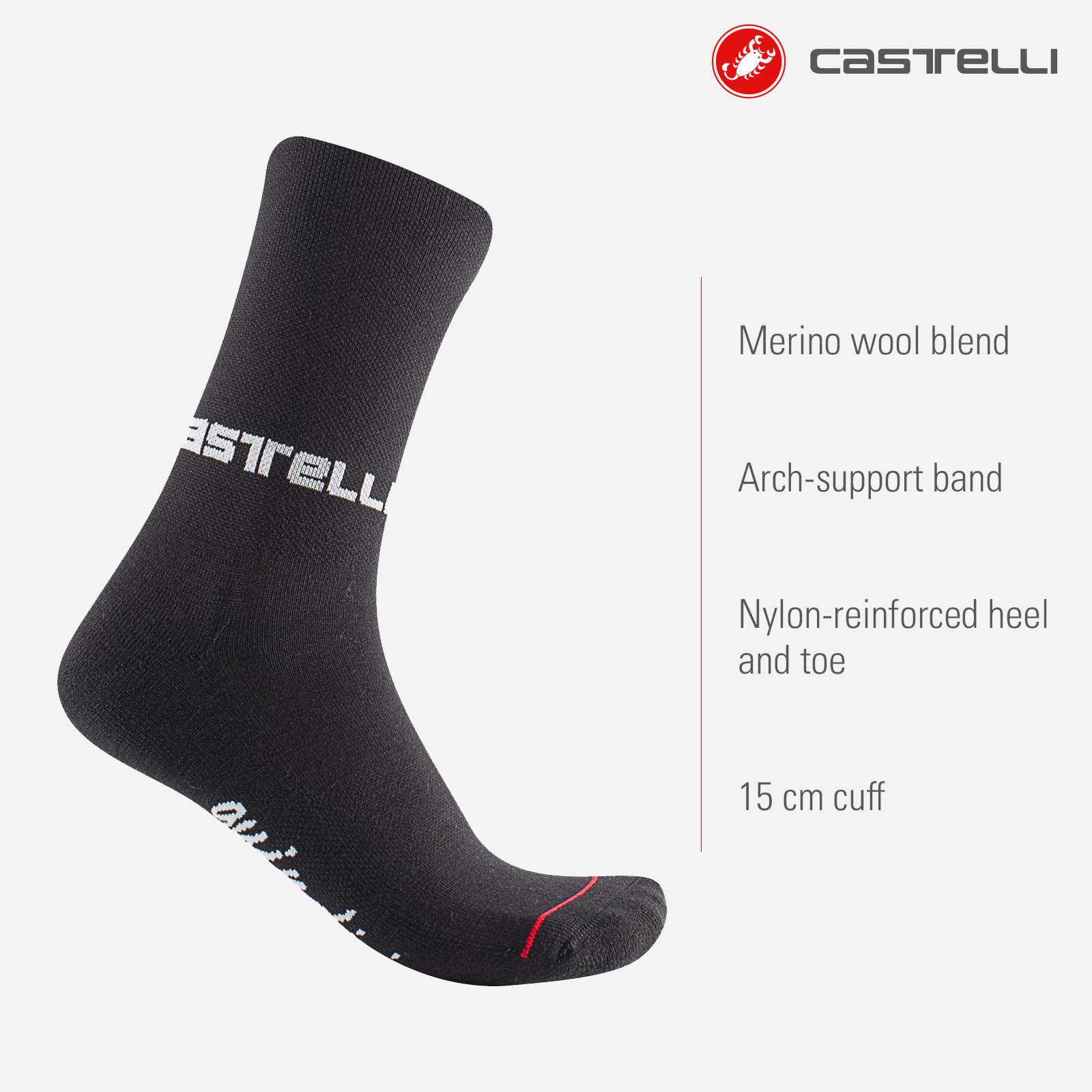 Castelli Quindici Soft Merino Sock on foot, reinforced heel and toe for durability.