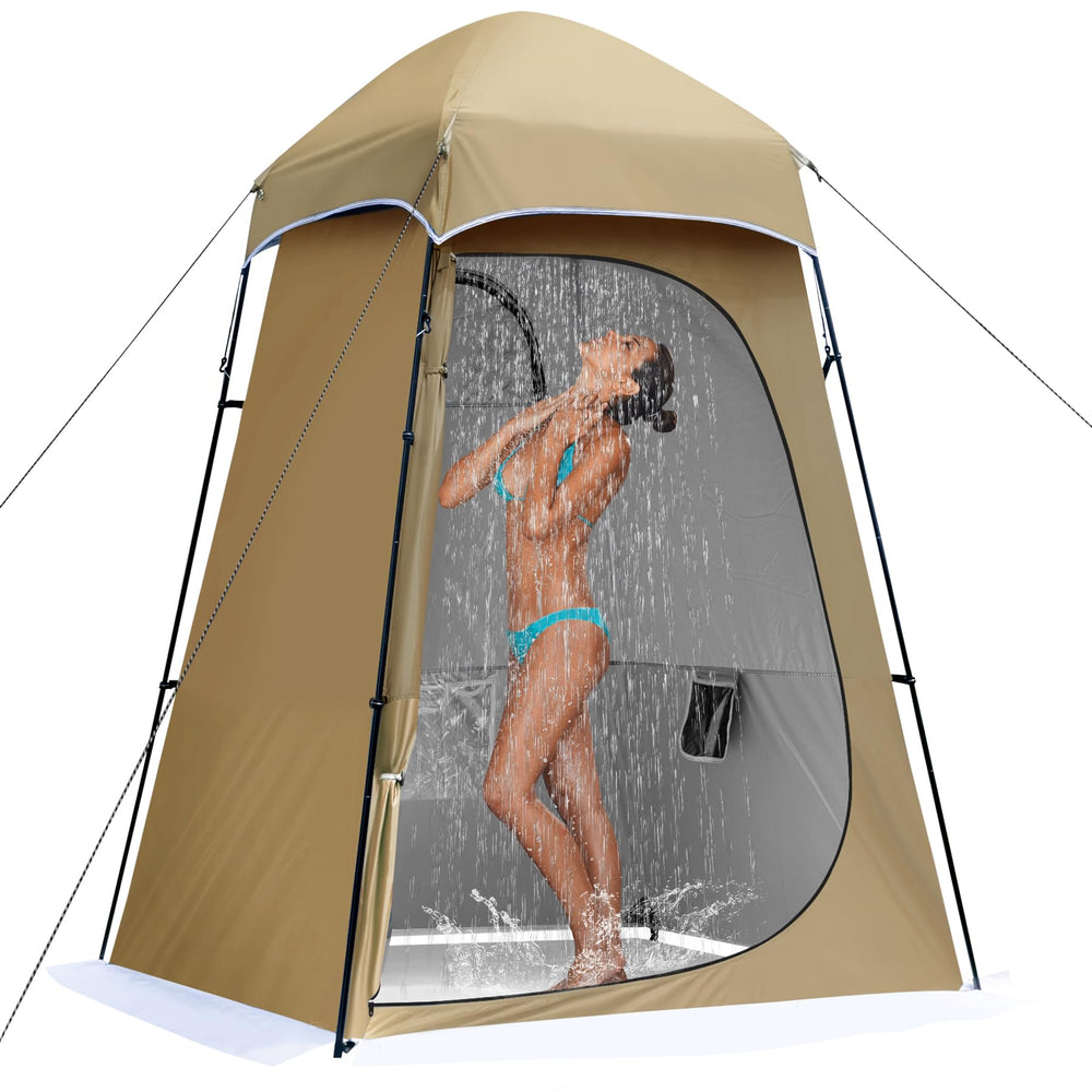 Castle Unicorn camping shower tent interior demonstrates roomy 63 by 63 inches for easy changing.