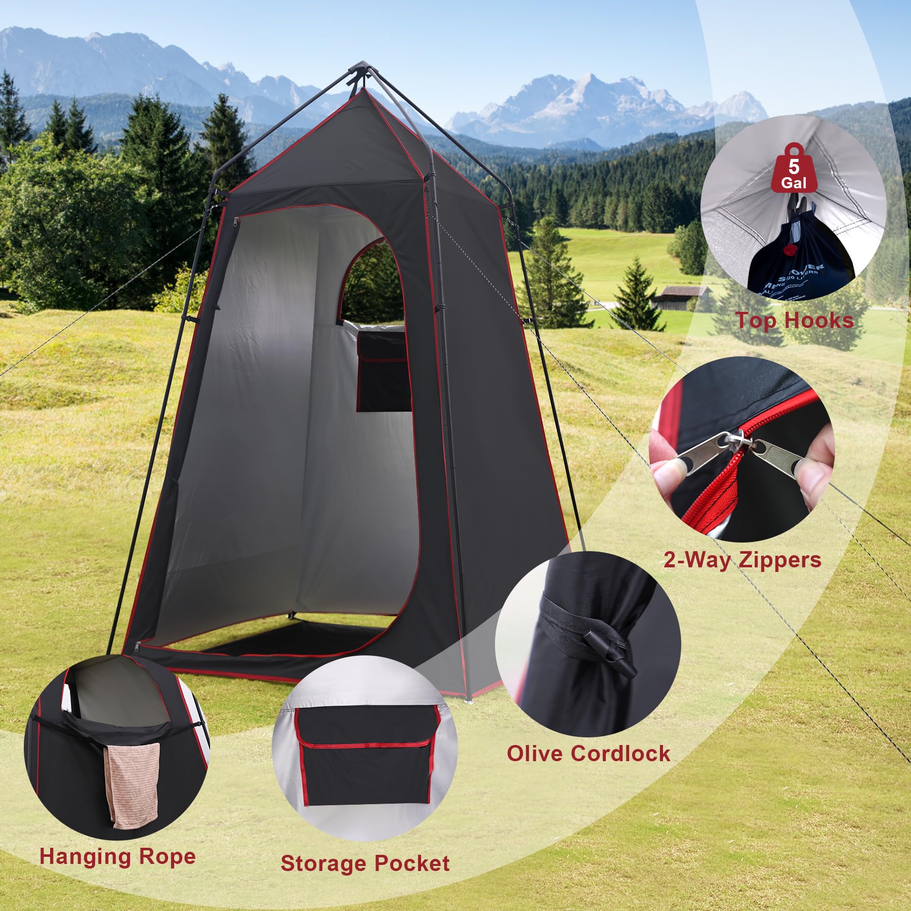 Castle Unicorn camping shower tent built-in pocket and clothesline organization
