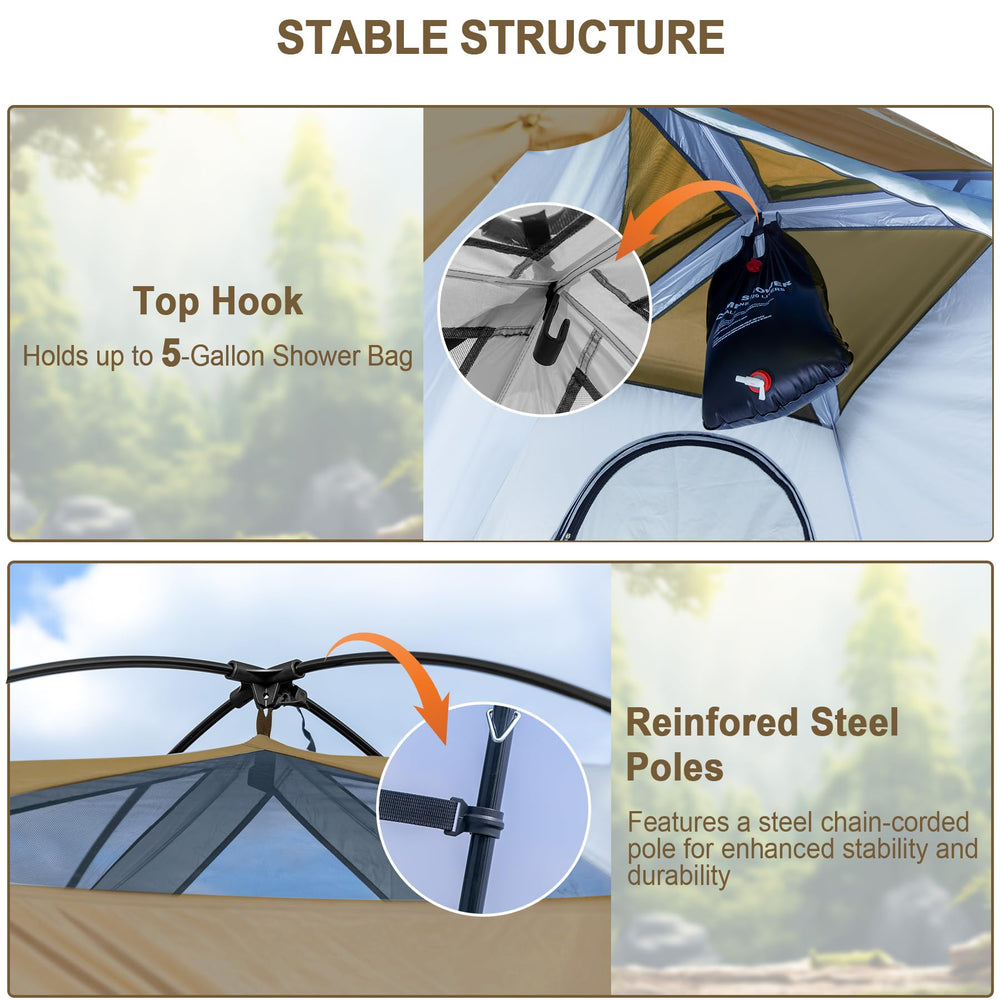 Castle Unicorn camping shower tent privacy door ensures secure changing with airflow.