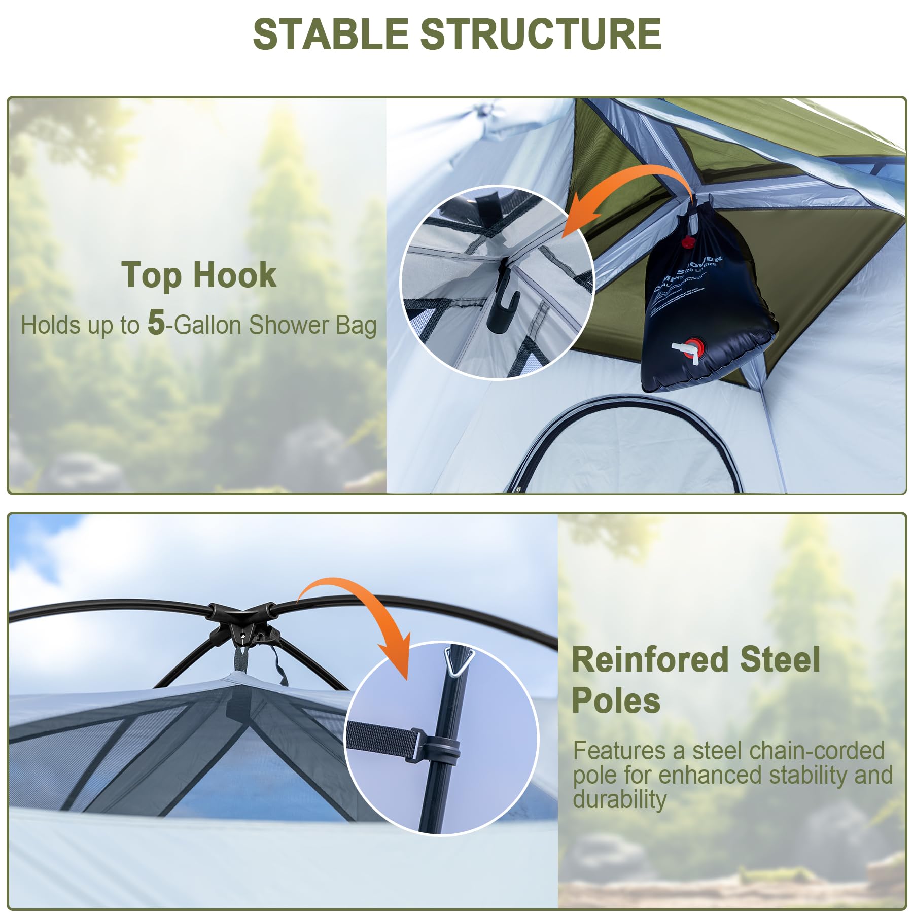 Castle Unicorn camping shower tent top hook supports a shower bag for outdoor setups