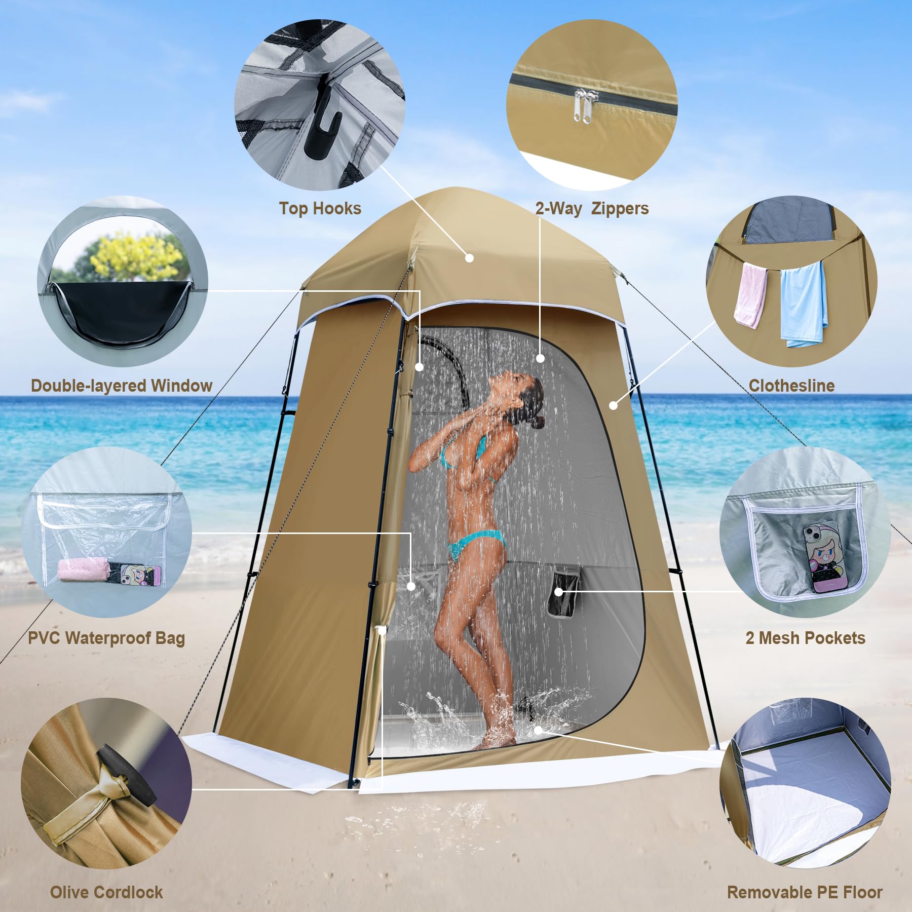 Castle Unicorn camping shower tent waterproof fabric emphasizes PU2000MM protection.