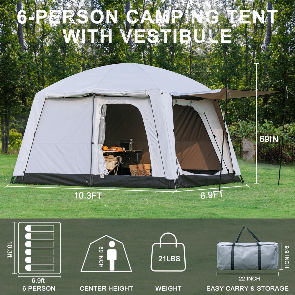 Castle Unicorn tent porch setup with side door for easy access.