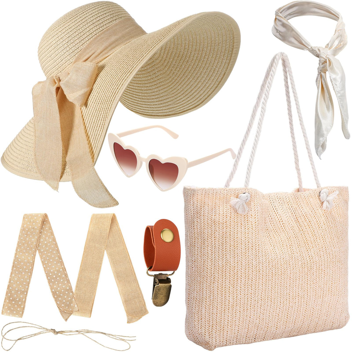 Beige straw beach hat with three bows