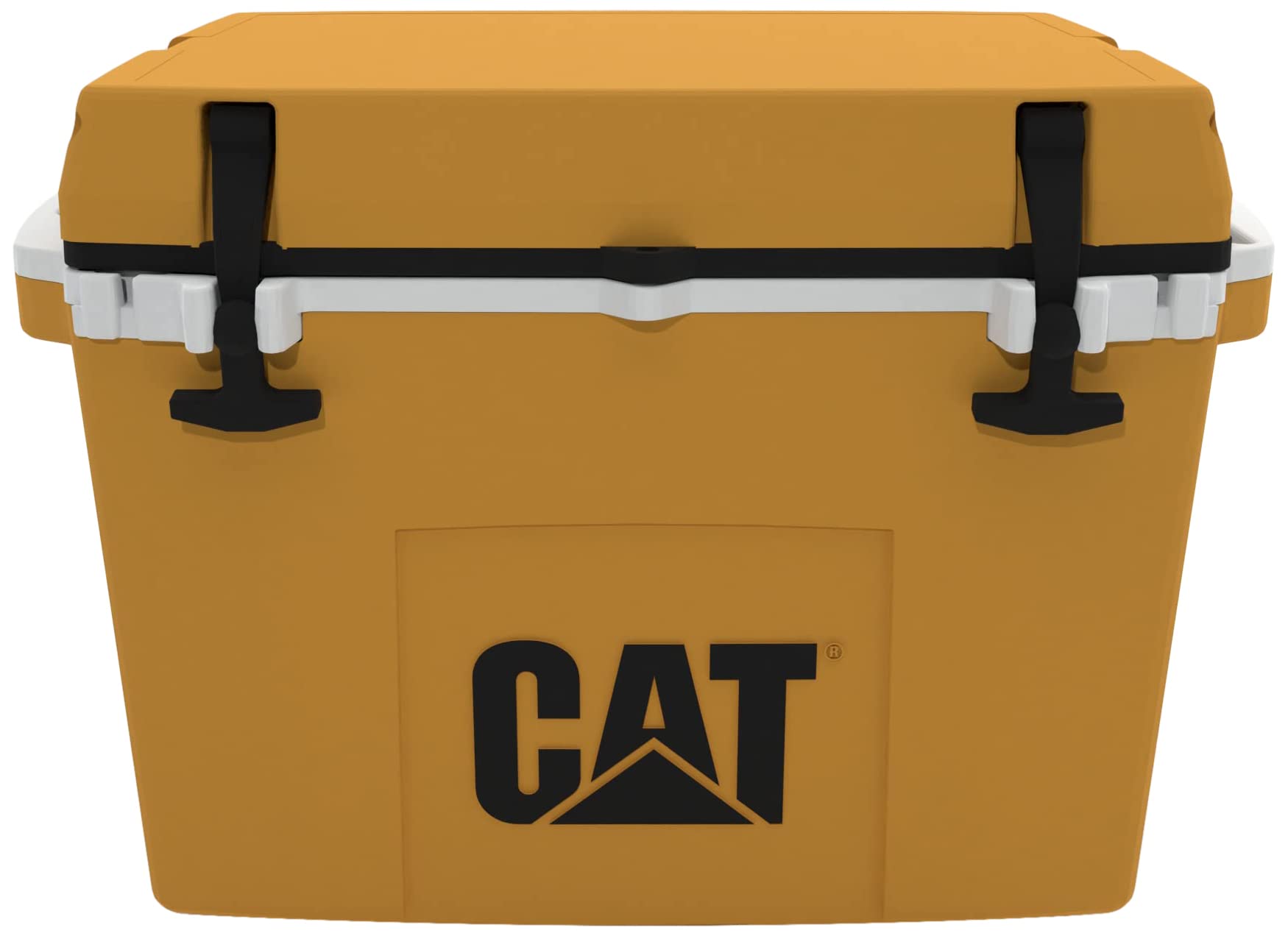 CAT Caterpillar 27qt yellow cooler — front view for rugged outdoor use.