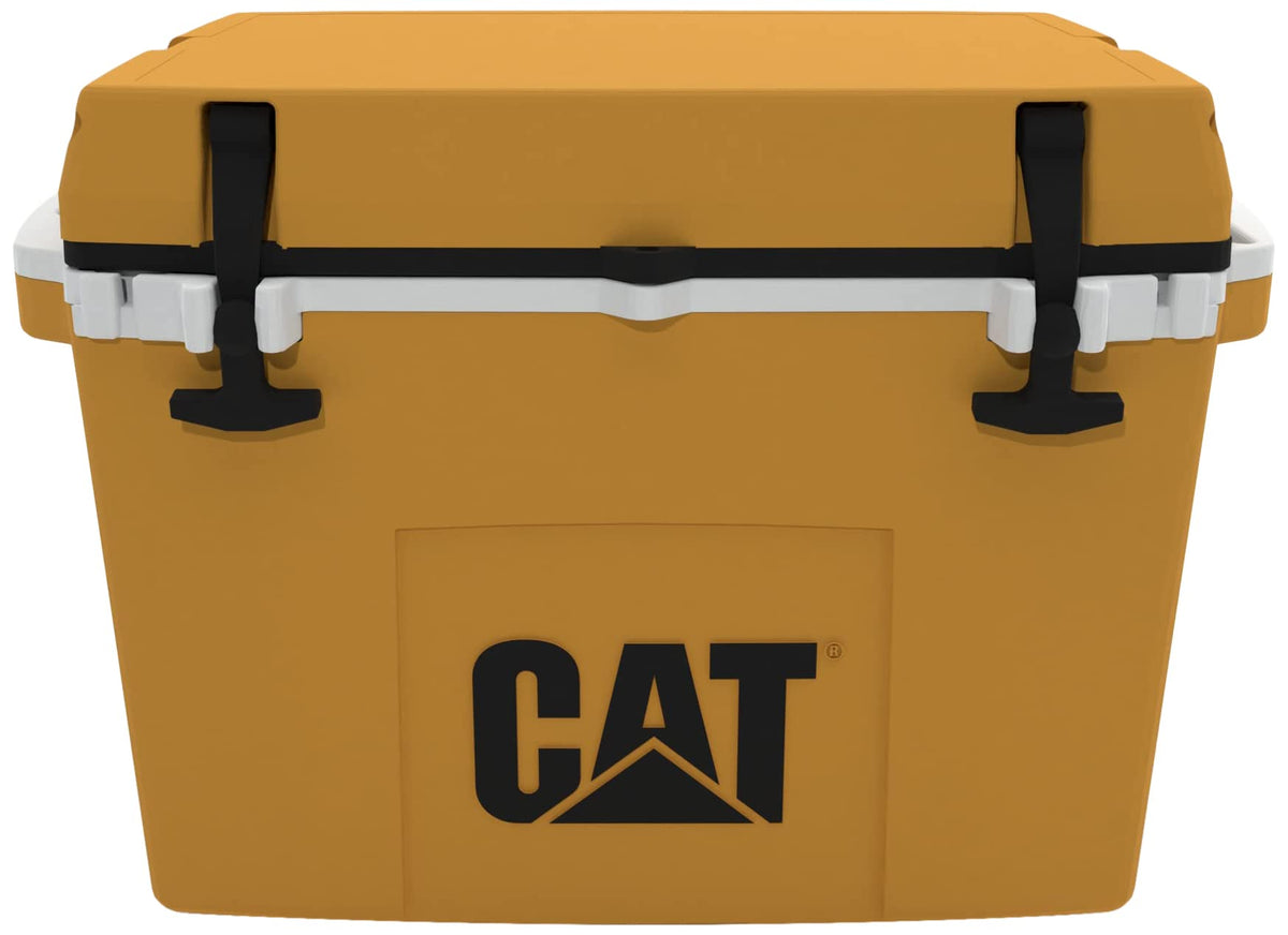 CAT Caterpillar 27qt yellow cooler — front view for rugged outdoor use.