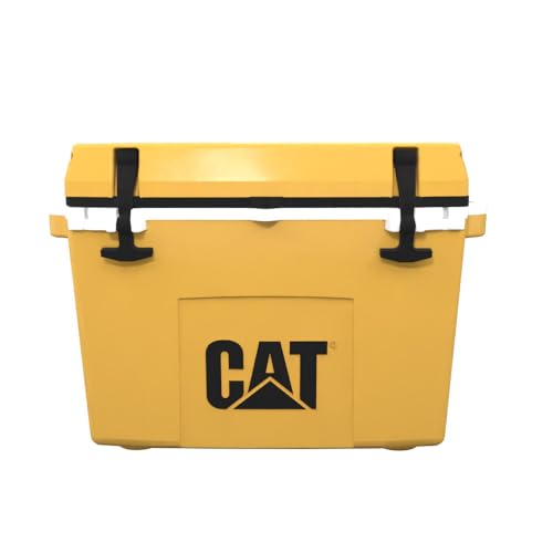 CAT Caterpillar 27qt yellow cooler with lid open for easy access.