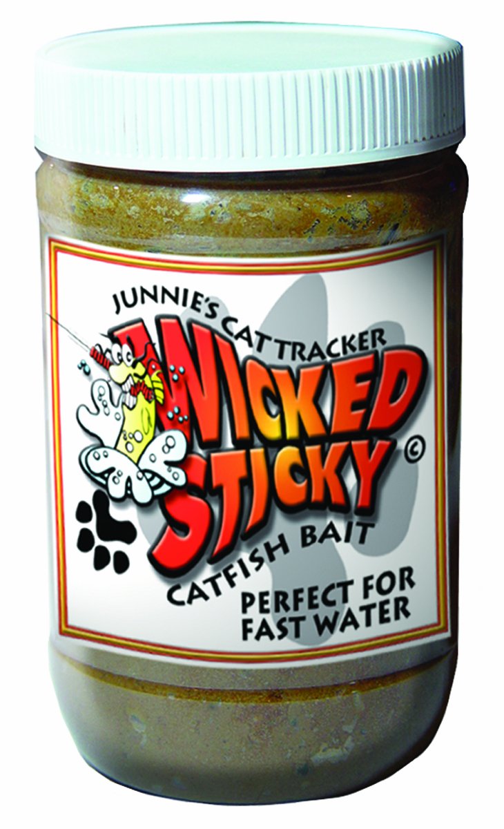 Cat Tracker Wicked Sticky Cheese Dip Bait clings to worms in strong currents to attract fish.