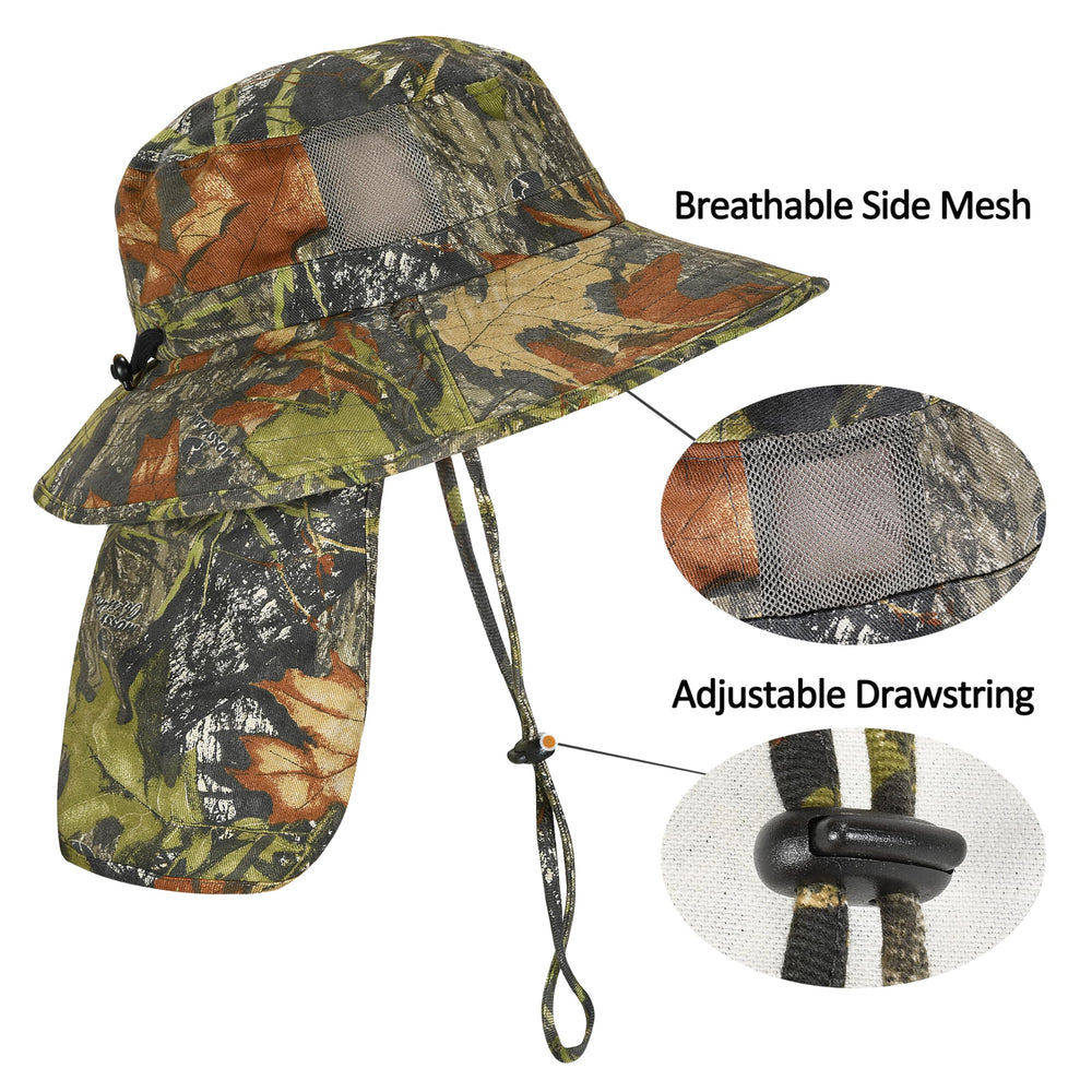 Hat showing neck flap extended for sun protection