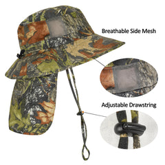 Hat showing neck flap extended for sun protection
