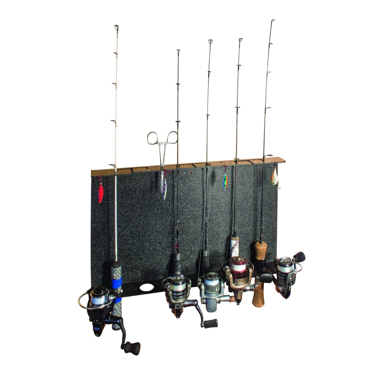 Catch Cover Ice Rod Rack wall-mounted keeps six rod-and-reel combos organized