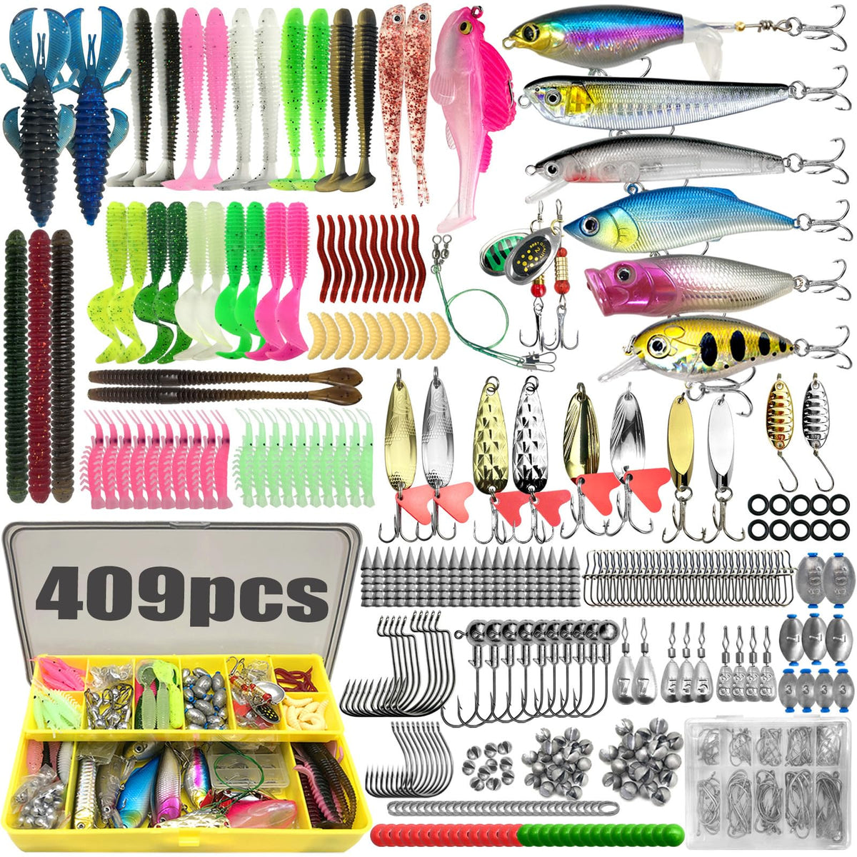CATCHRO 409-piece fishing lure kit for versatile freshwater and saltwater fishing.