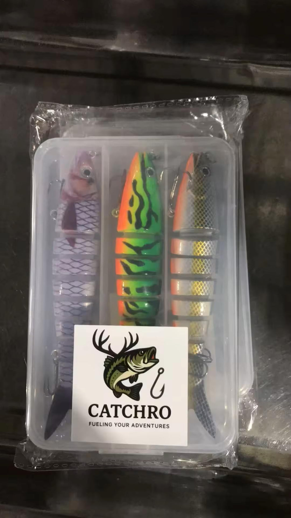 Three color variations of CATCHRO glide baits for bass and trout