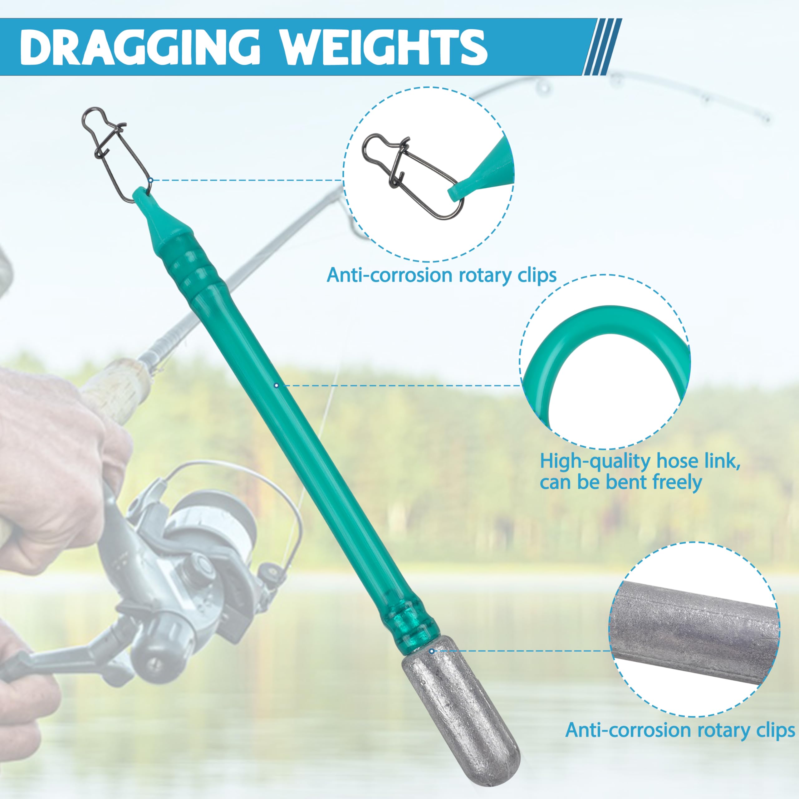 Green plastic tube with weighted sinker for dragging weight kit