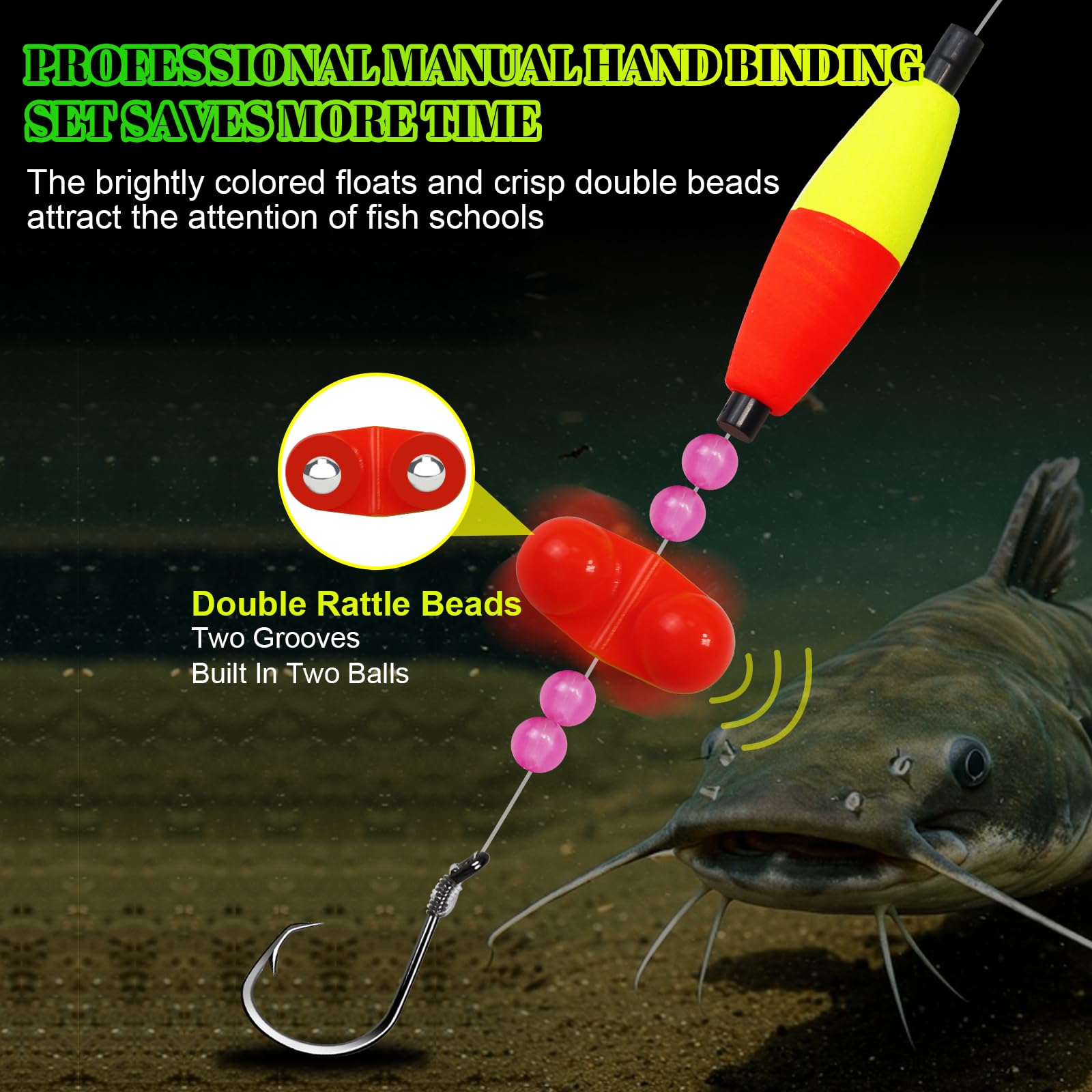Multi-configuration catfish tackle with color beads and floats for night fishing