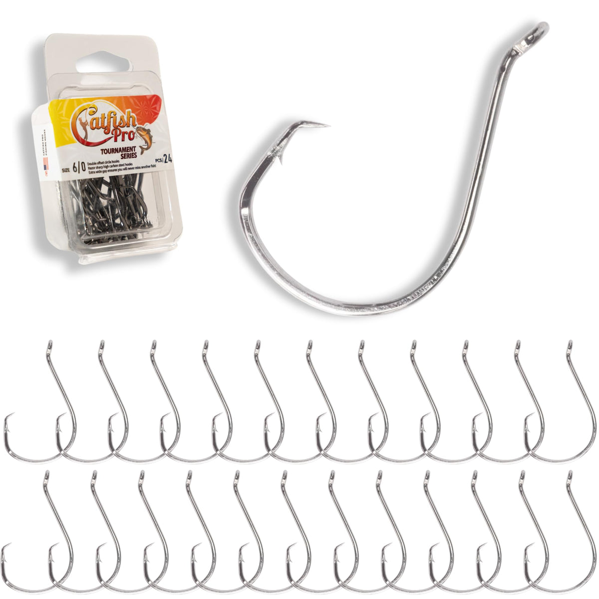 Catfish Pro 6/0 double offset circle hook closeup showing razor-sharp point for strong hookups.