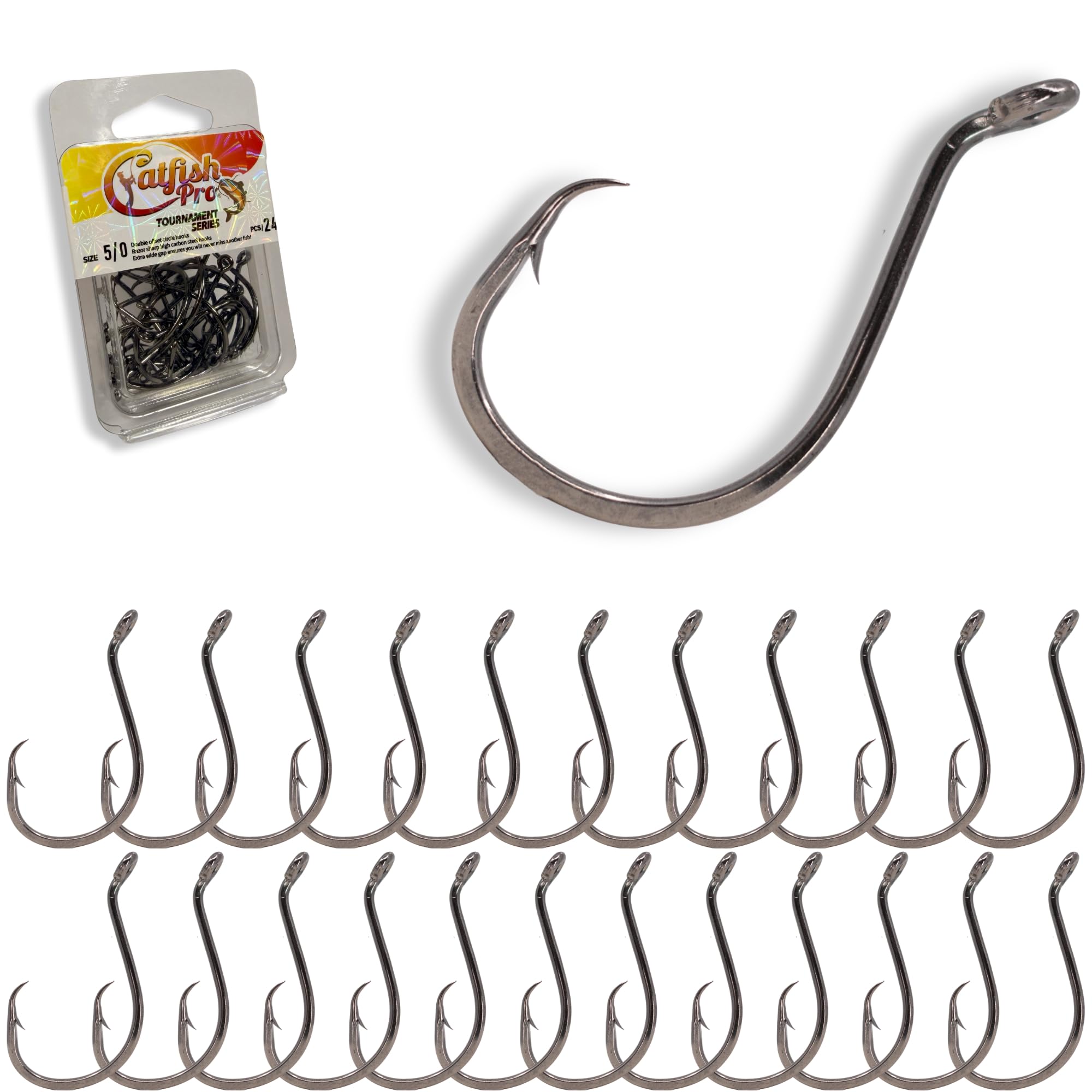 Catfish Pro 5/0 circle hook pack closeup demonstrates durability for long sessions