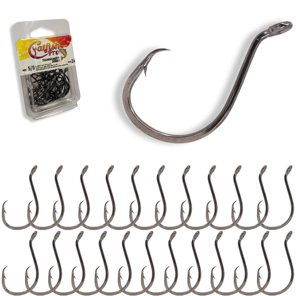 Catfish Pro 5/0 circle hook pack closeup demonstrates durability for long sessions