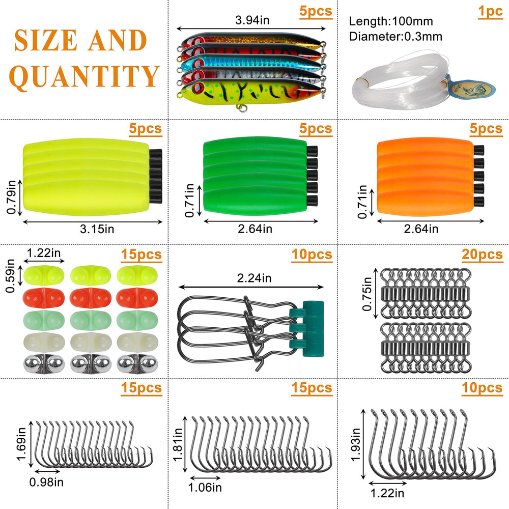 Close-up of catfish hooks, swivels, and lures