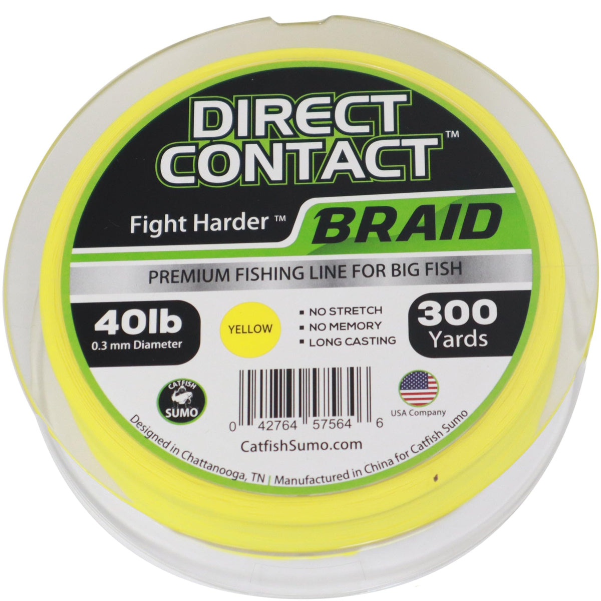 Catfish Sumo Direct Contact braided line 300-yard spool with no-stretch performance.