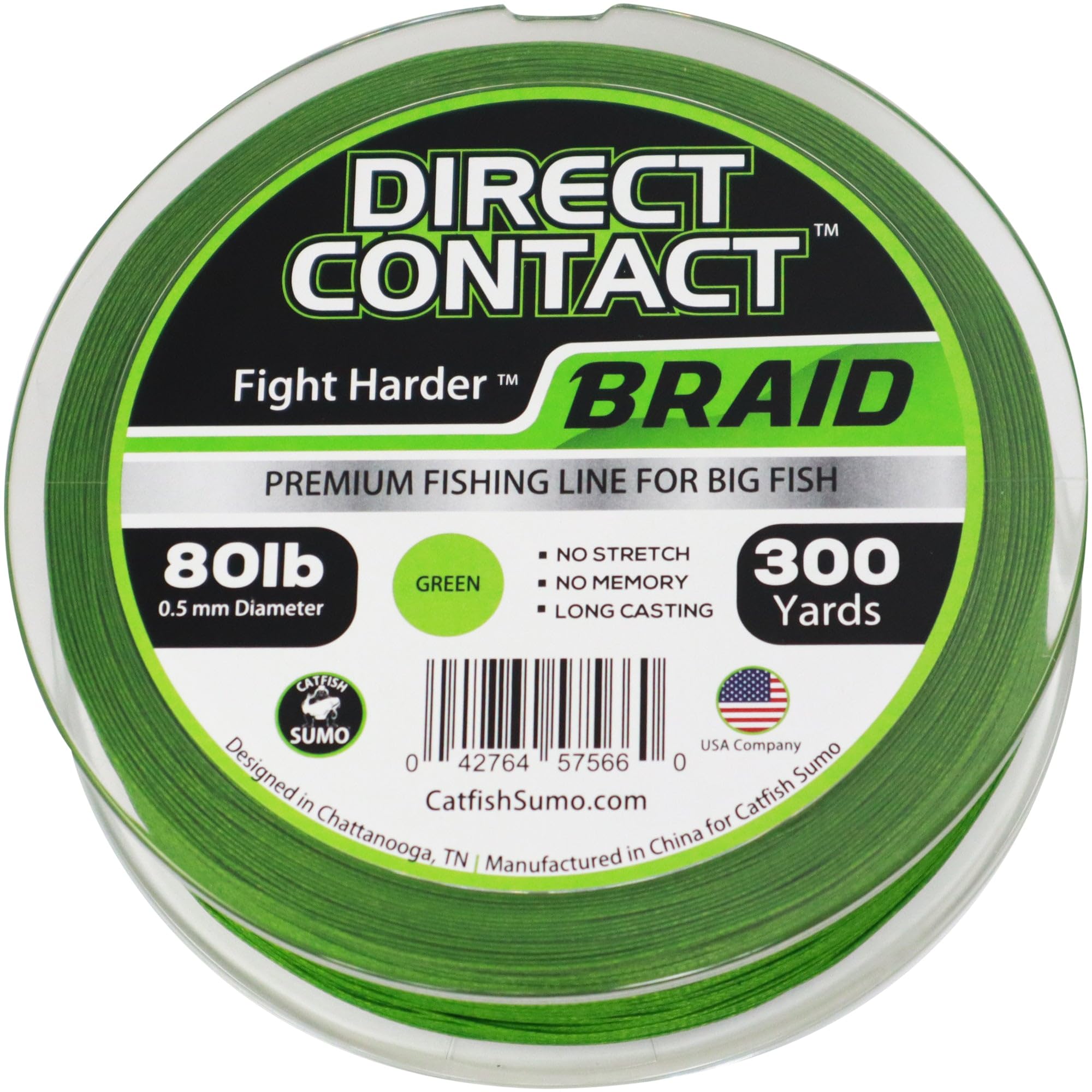 Catfish Sumo Direct Contact braid 80lb green spool ideal for big fish battles.