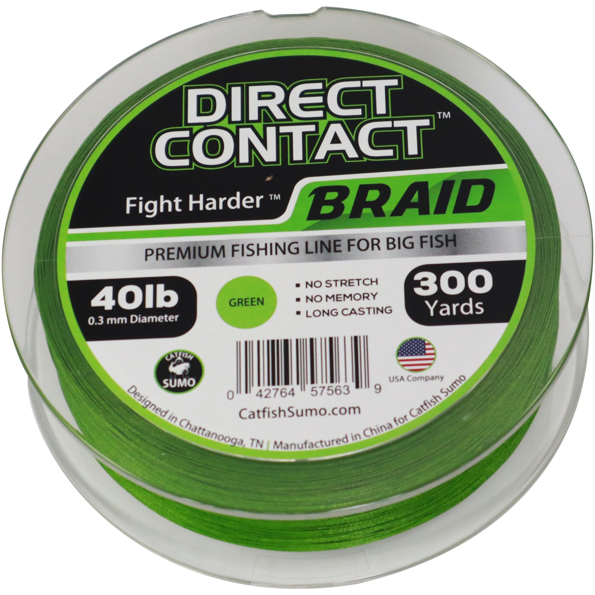 Catfish Sumo Direct Contact braided line spool 40lb in sumo green for long, precise casts.