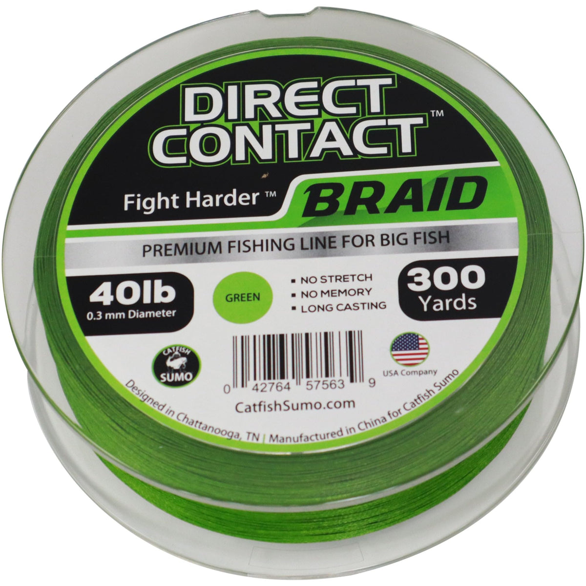 Catfish Sumo Direct Contact braided line spool 40lb in sumo green for long, precise casts.