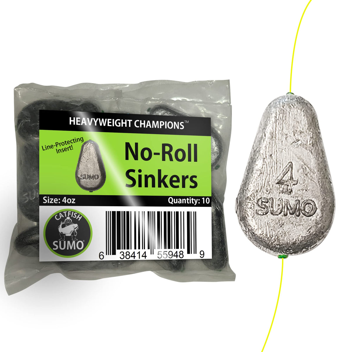 Catfish Sumo flat no-roll sinker close-up highlights the line-protecting insert.