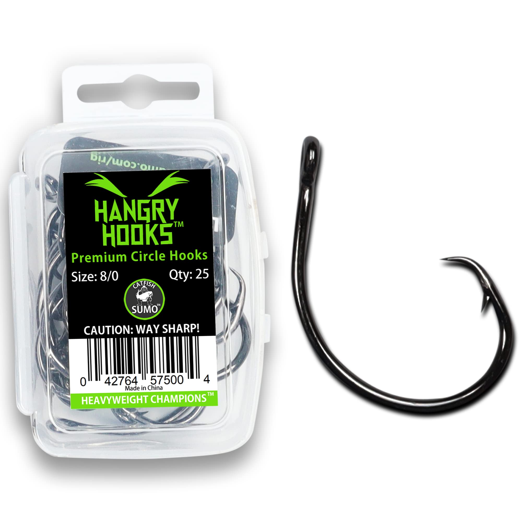 Catfish Sumo Hangry Hooks straight shank 8-0; wide-gap design passes jaws, reduces foul hookups.