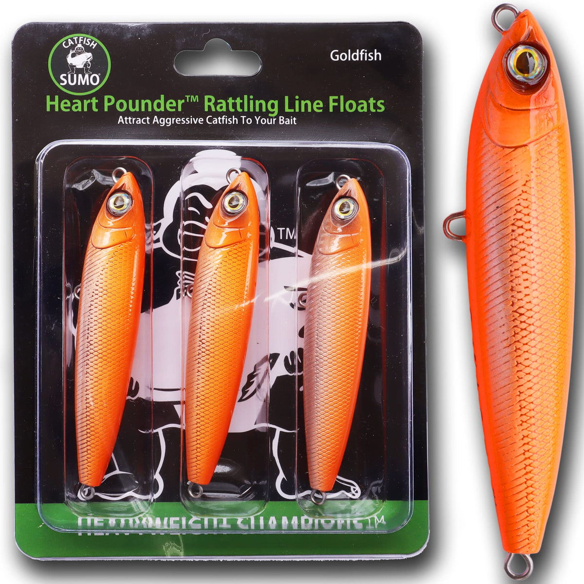 Catfish Sumo Heart Pounder goldfish 5-inch rattling float in action to attract large catfish