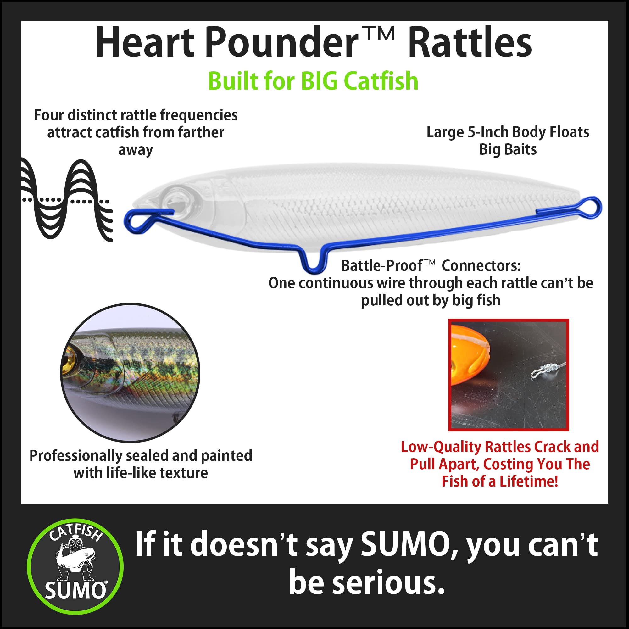 Catfish Sumo Heart Pounder green crappie color float designed to grab attention underwater