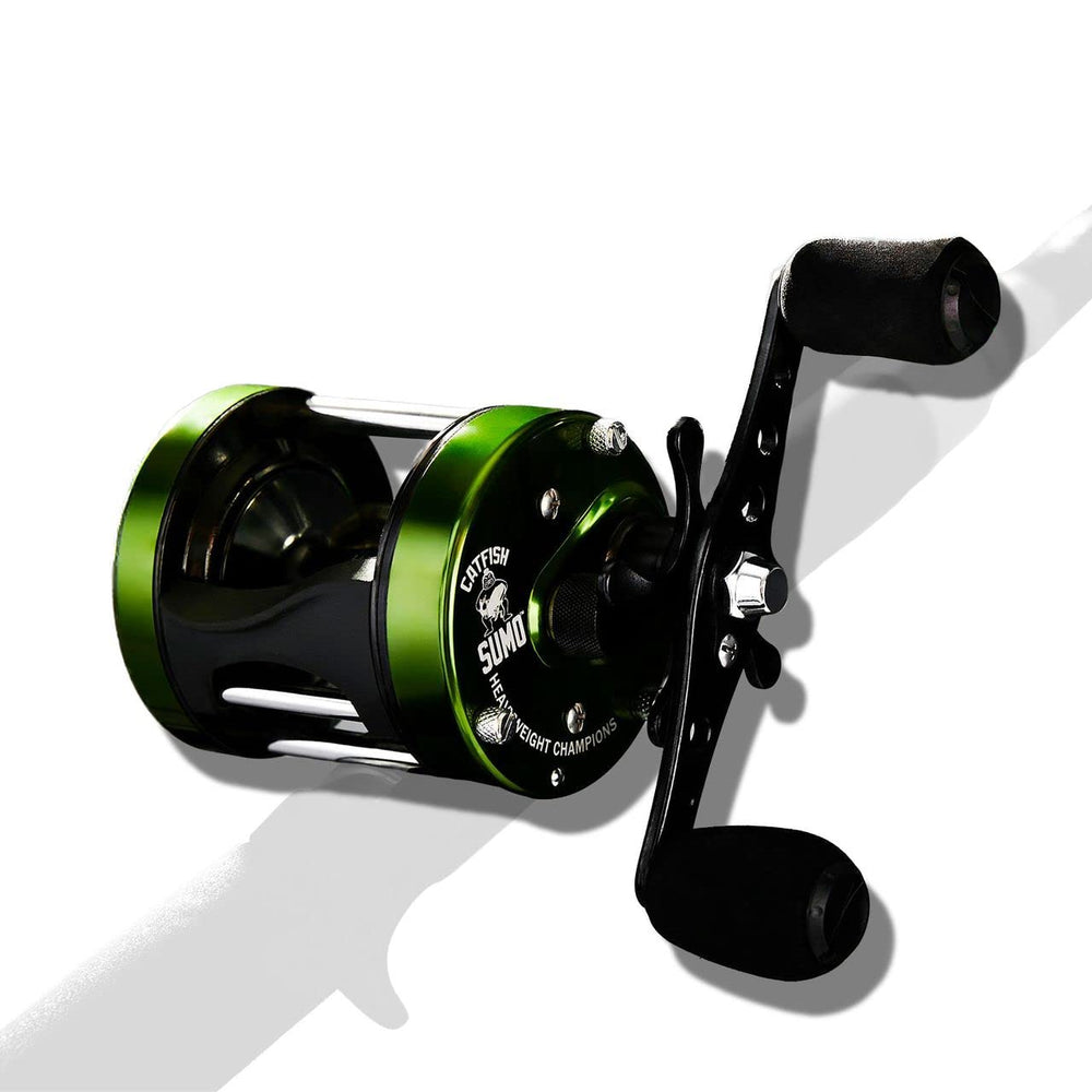 Catfish Sumo Heavyweight Champions reel round-reel-clicker aids bite indication.