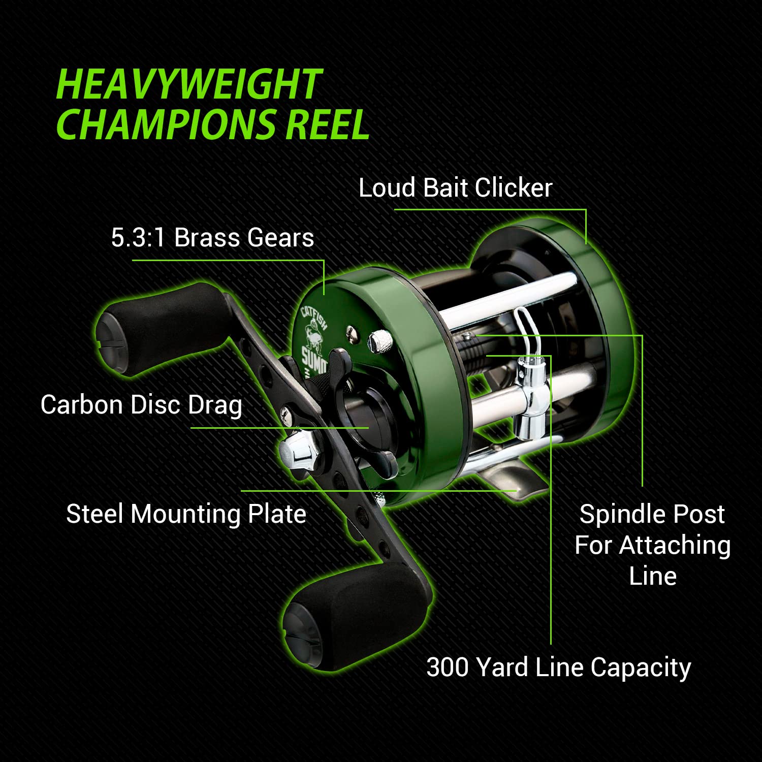 Catfish Sumo Heavyweight Champions reel steel bearings deliver smooth retrieves during fights.