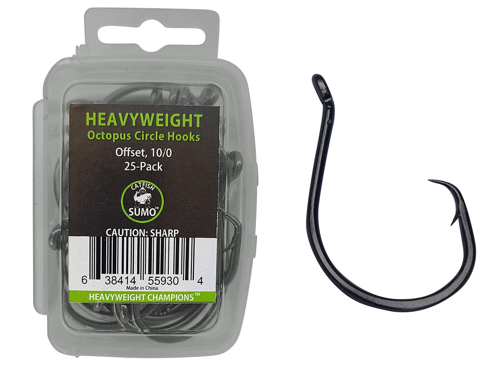 Catfish Sumo heavyweight hooks offset octopus circle closeup shows a sharp tip for secure hook sets.