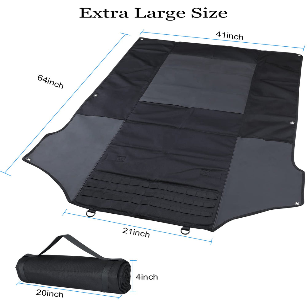 Cavebear shooting mat rolled up for storage shows compact portability for hikes.