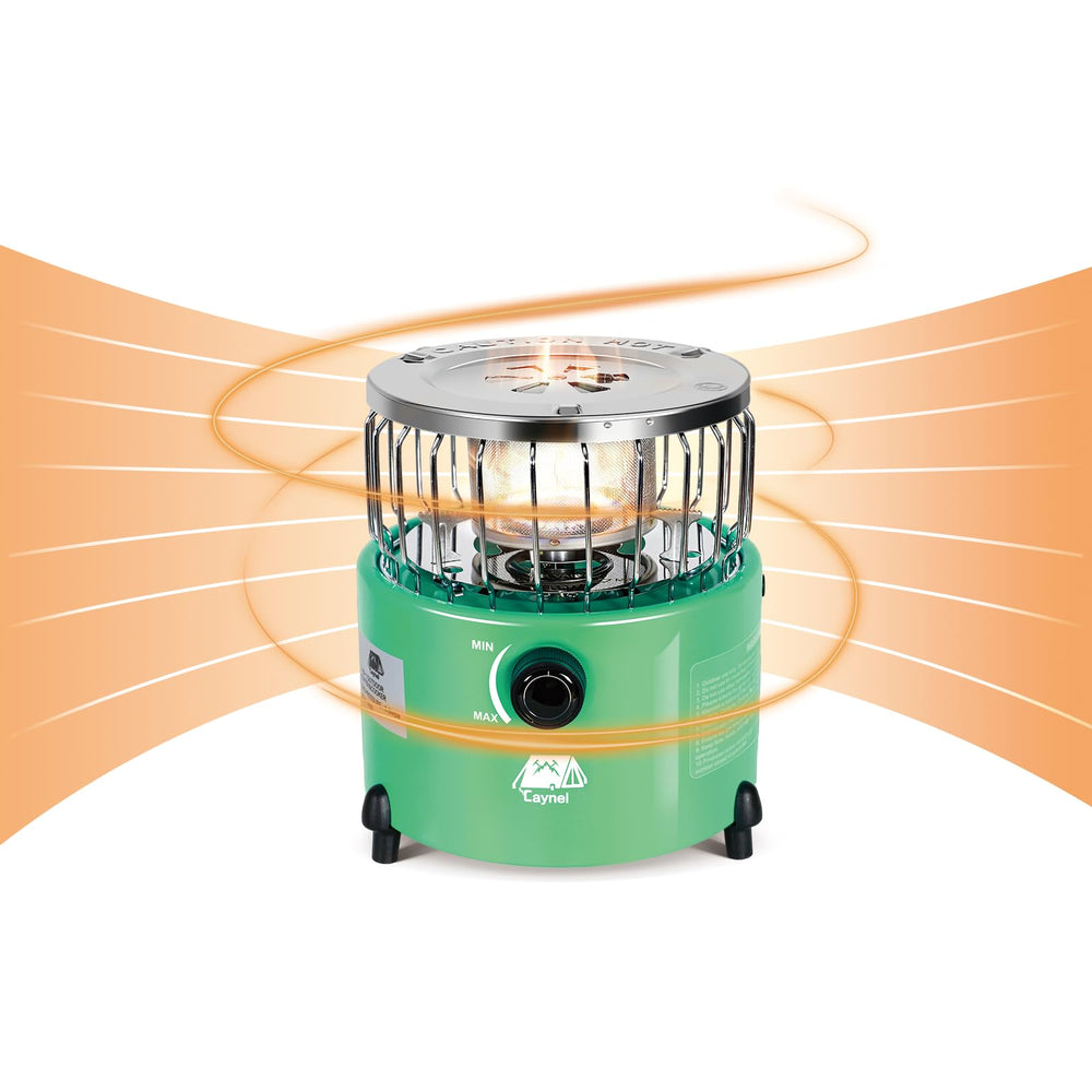 Caynel 2-in-1 portable heater-stove front view highlighting compact, travel-ready warmth