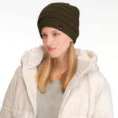 C.C fleece-lined beanie close-up, plush interior for chilly days