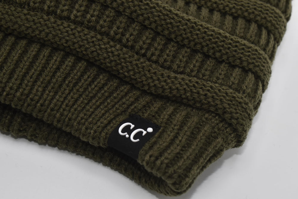 C.C warm fleece-lined beanie paired with scarf for a cozy winter ensemble