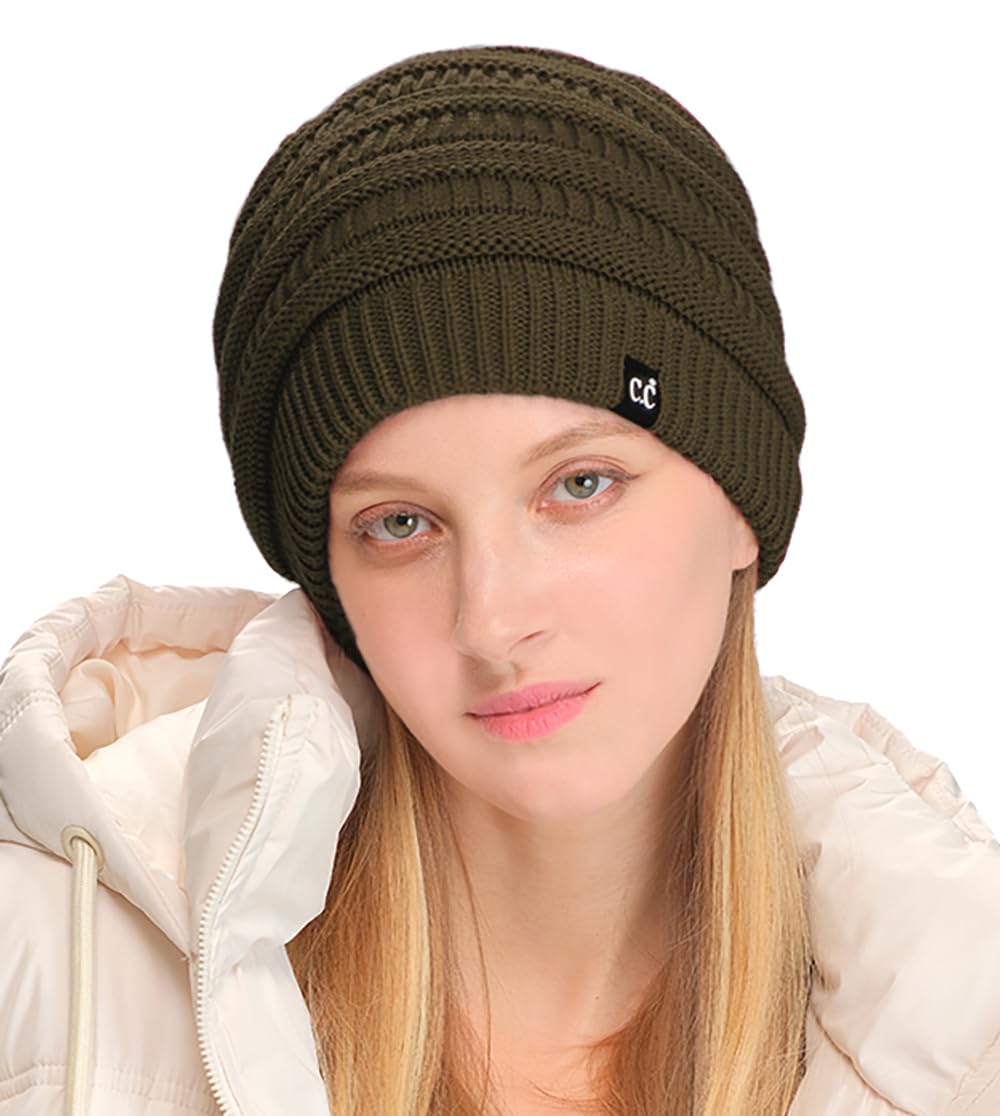 C.C winter oversized beanie in dark olive, side view showing relaxed fit for casual outdoor wear