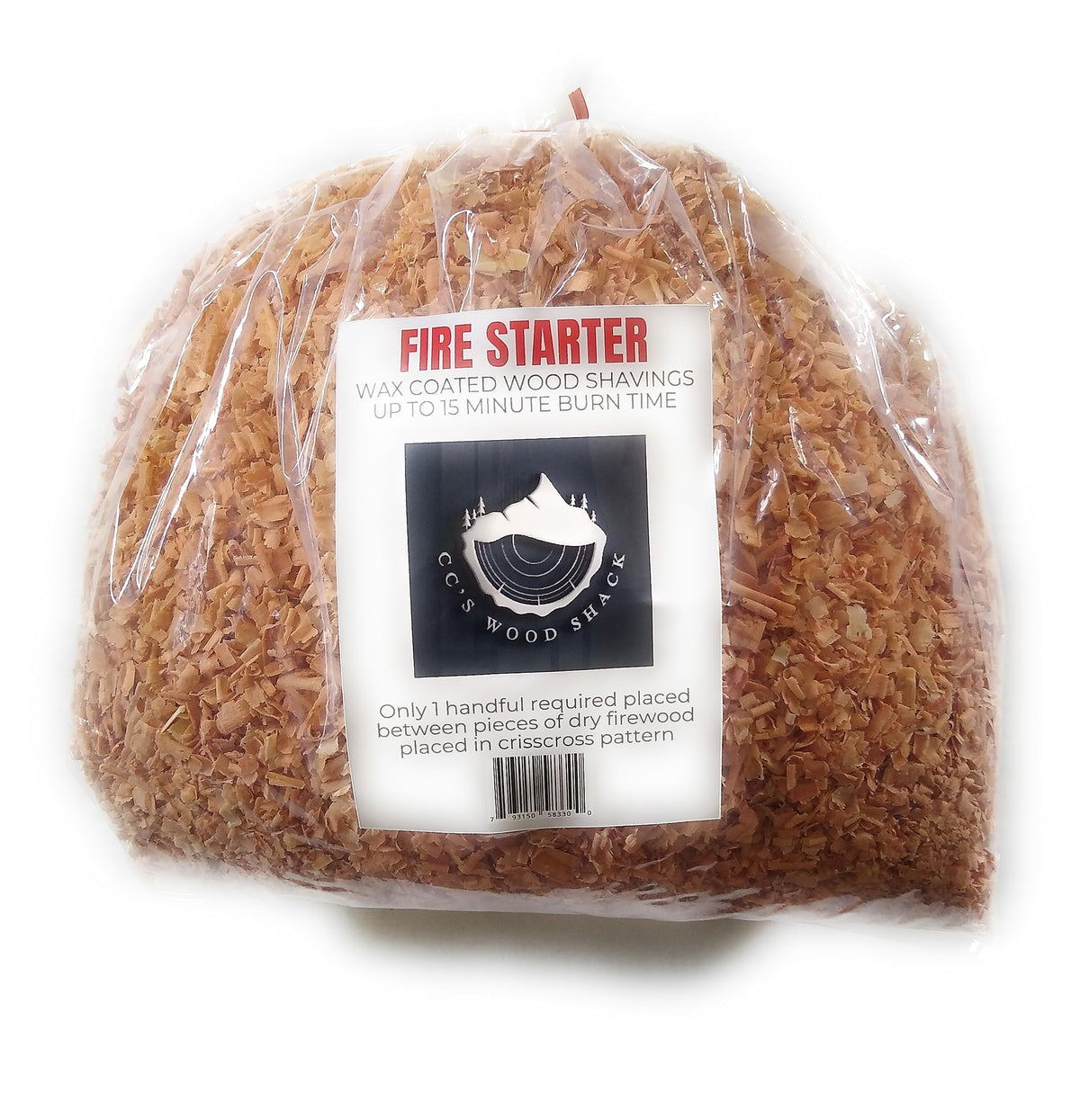 CC's Wood Shack Fire Starter packaging, compact and store-friendly.
