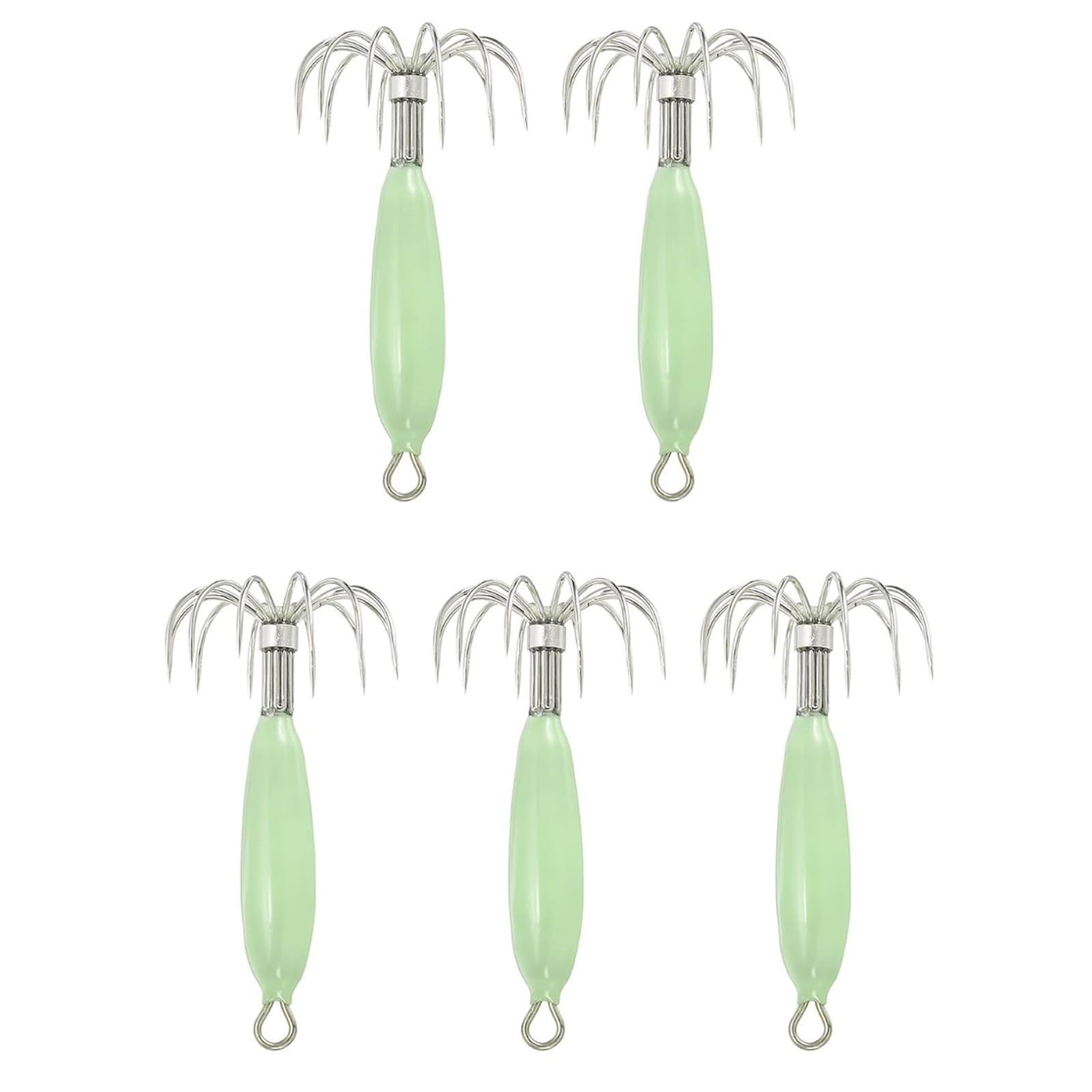 ccsxqy Squid Jig 12g Glow Green front view highlighting the glow and hook setup for night fishing.