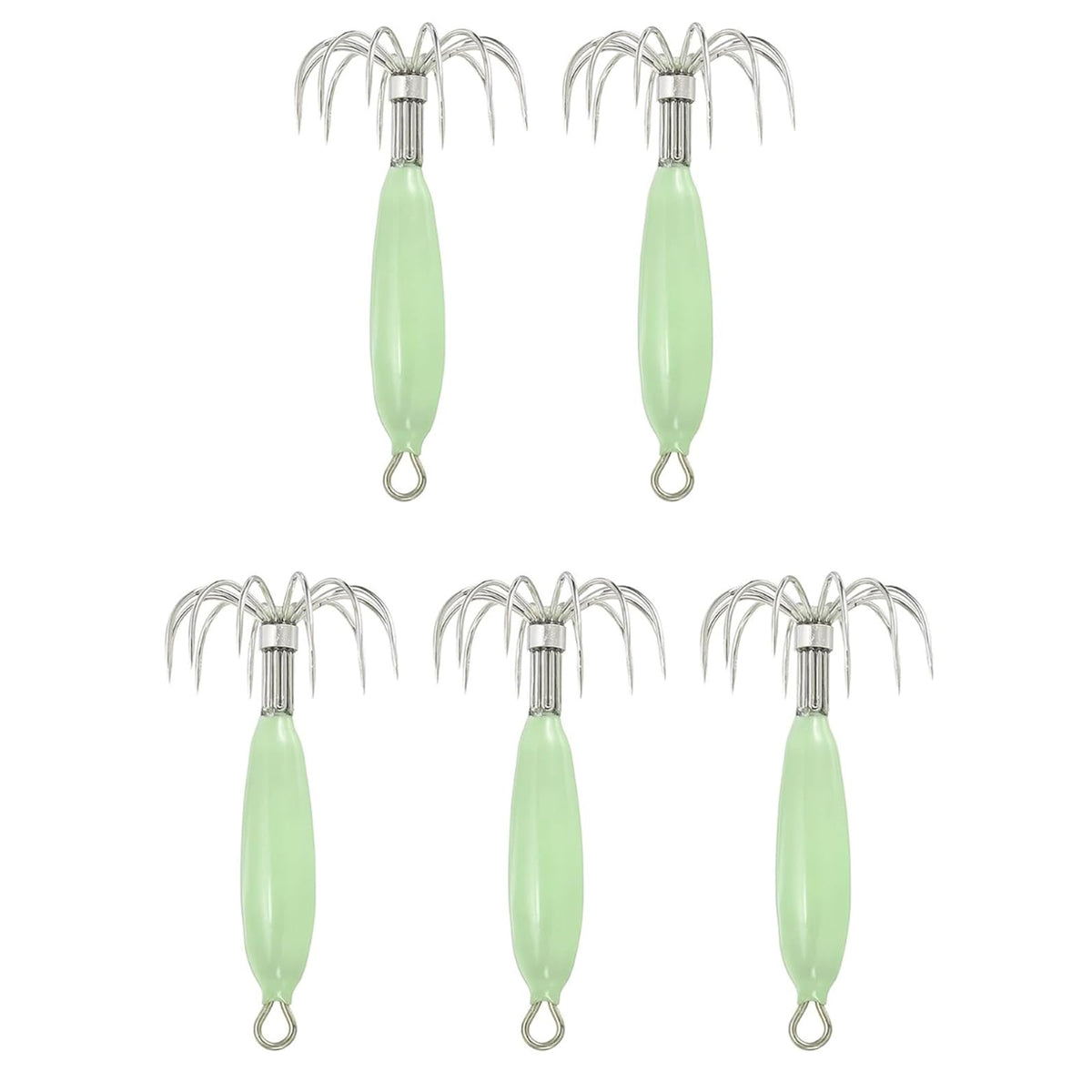ccsxqy Squid Jig 12g Glow Green front view highlighting the glow and hook setup for night fishing.