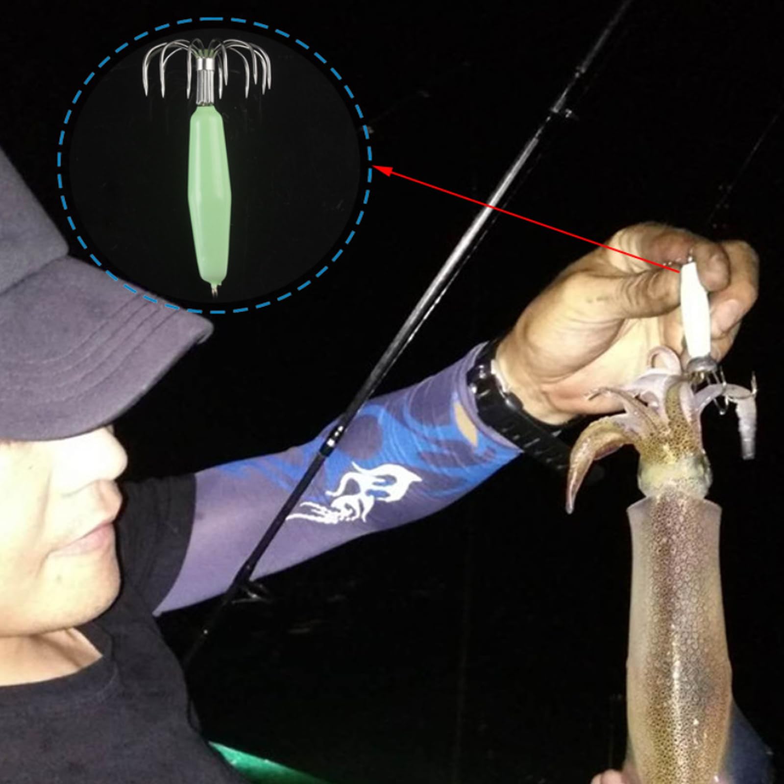 ccsxqy Squid Jig 12g Glow Green close-up on hooks emphasizing grip and visibility.