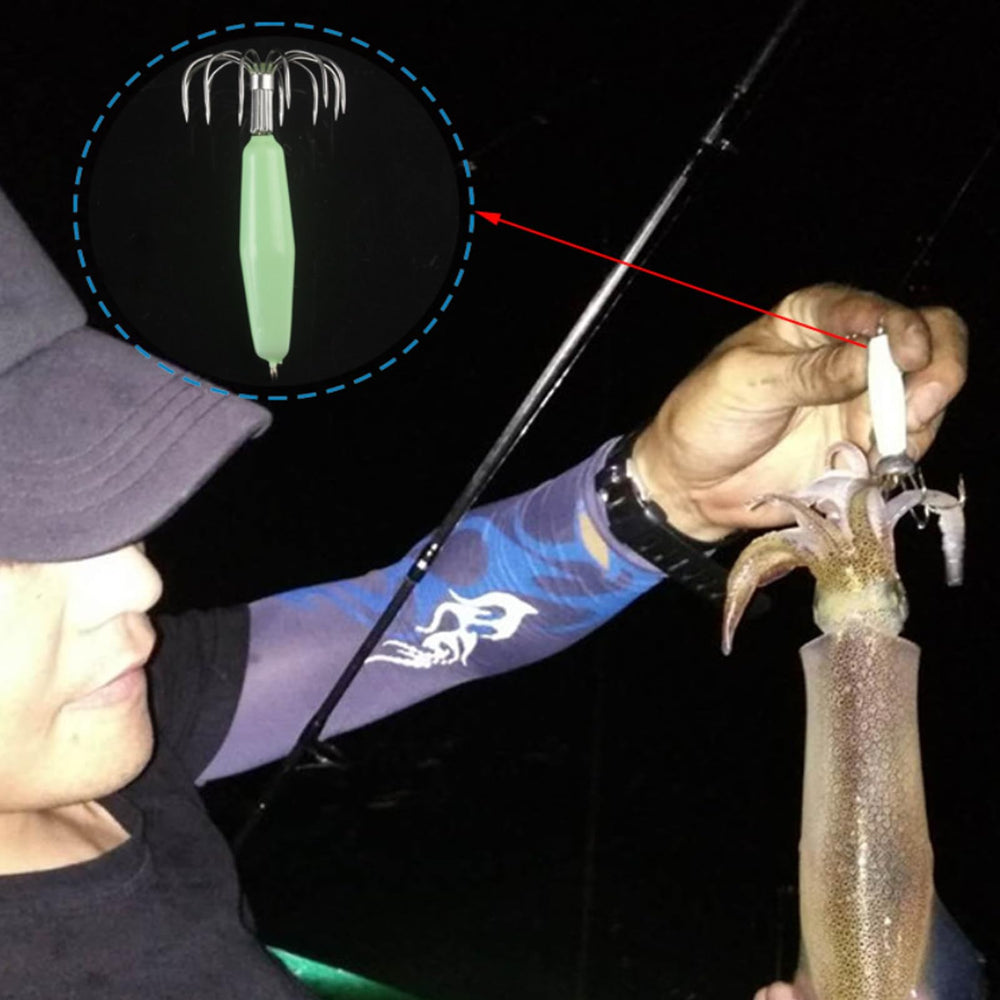 ccsxqy Squid Jig 12g Glow Green close-up on hooks emphasizing grip and visibility.