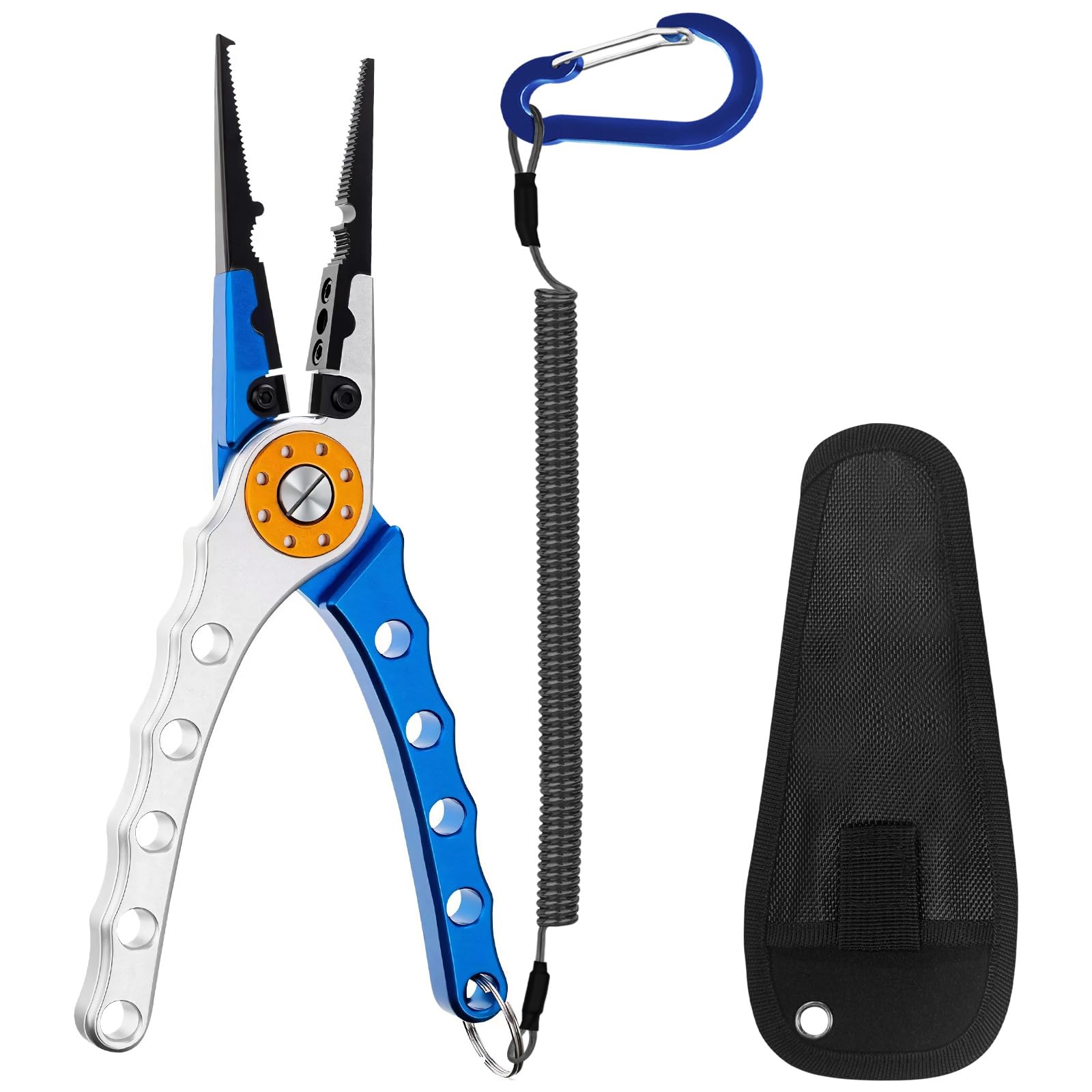 CdbC Multifunction Fishing Pliers with Sheath and Coiled Lanyard - Front View