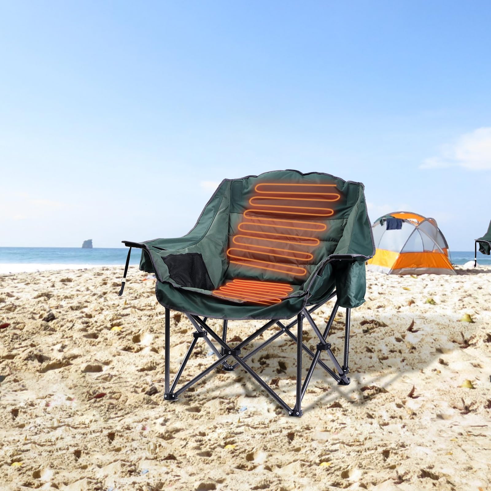 CDEN heated padded chair in camping site setup with cooler bag nearby.